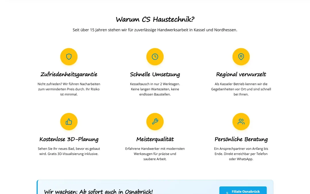 CS Haustechnik: Sechs Gründe für CS Haustechnik mit gelben Symbolen