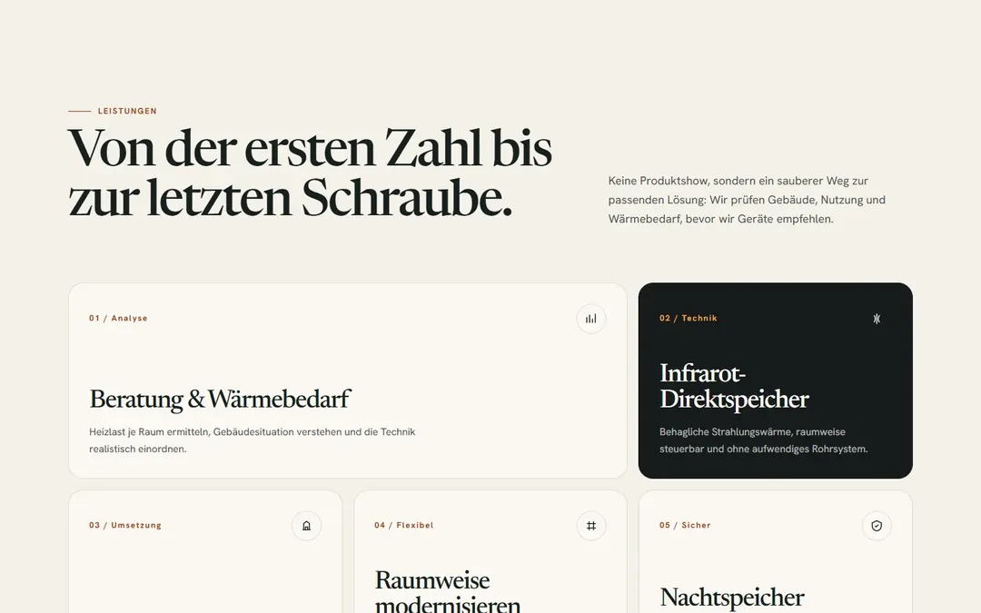 Wärmetechnik Kramer: Leistungen von der Beratung bis zum Nachtspeicher als Karten