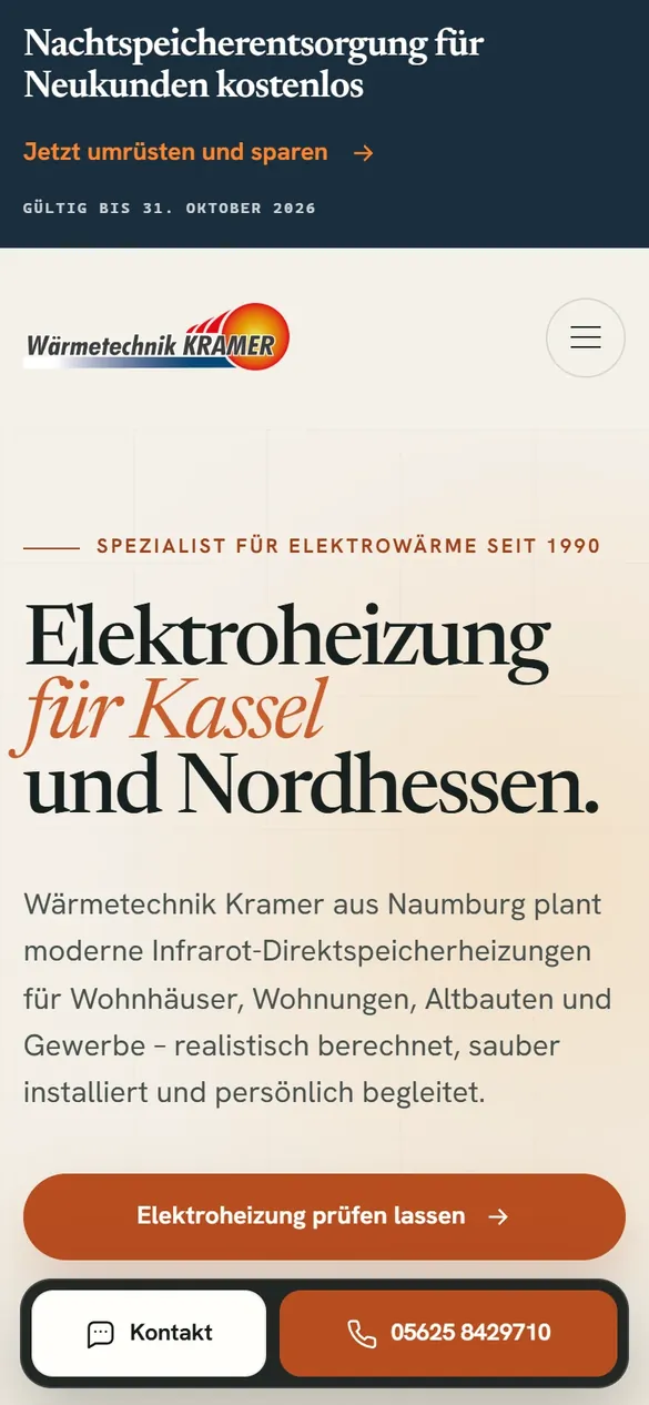 Startseite von Wärmetechnik Kramer auf dem Handy