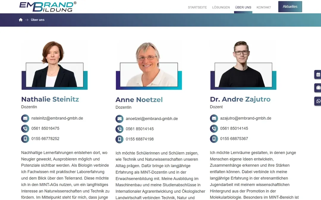 EMBRAND: Über uns mit Porträts der Dozentinnen und Dozenten