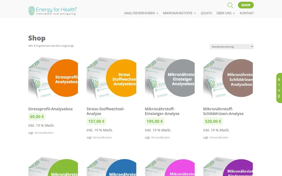 Energy for Health: Shop mit den farbig gekennzeichneten Analyseboxen und Preisen