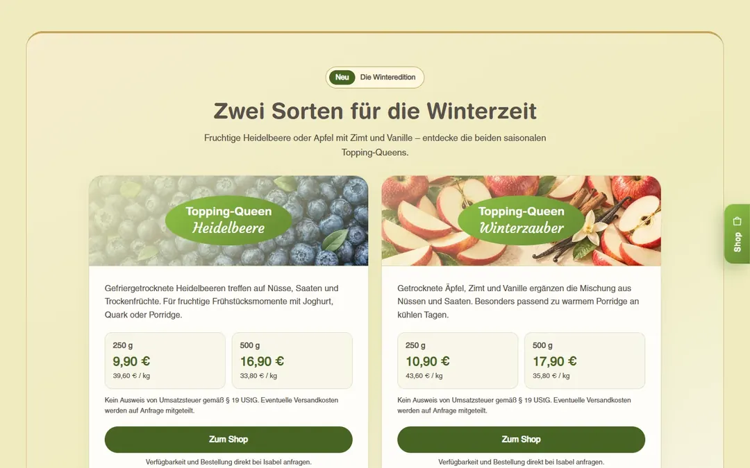 natürlich drauf: Abschnitt mit den zwei Wintersorten, Produktfotos und Preisen