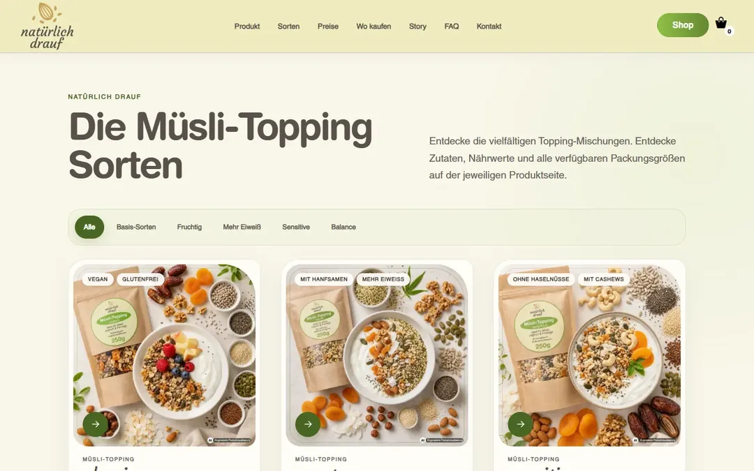 natürlich drauf: Shop mit den Müsli-Topping-Sorten als Produktkacheln