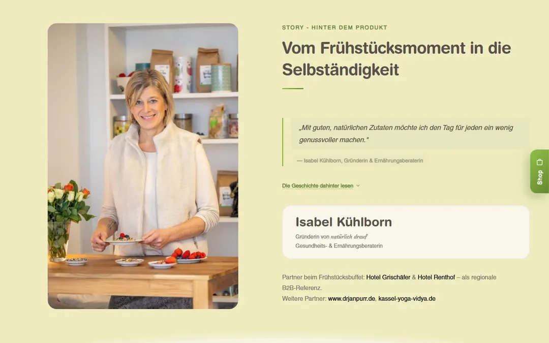 natürlich drauf: Die Geschichte hinter dem Produkt mit einem Foto der Gründerin