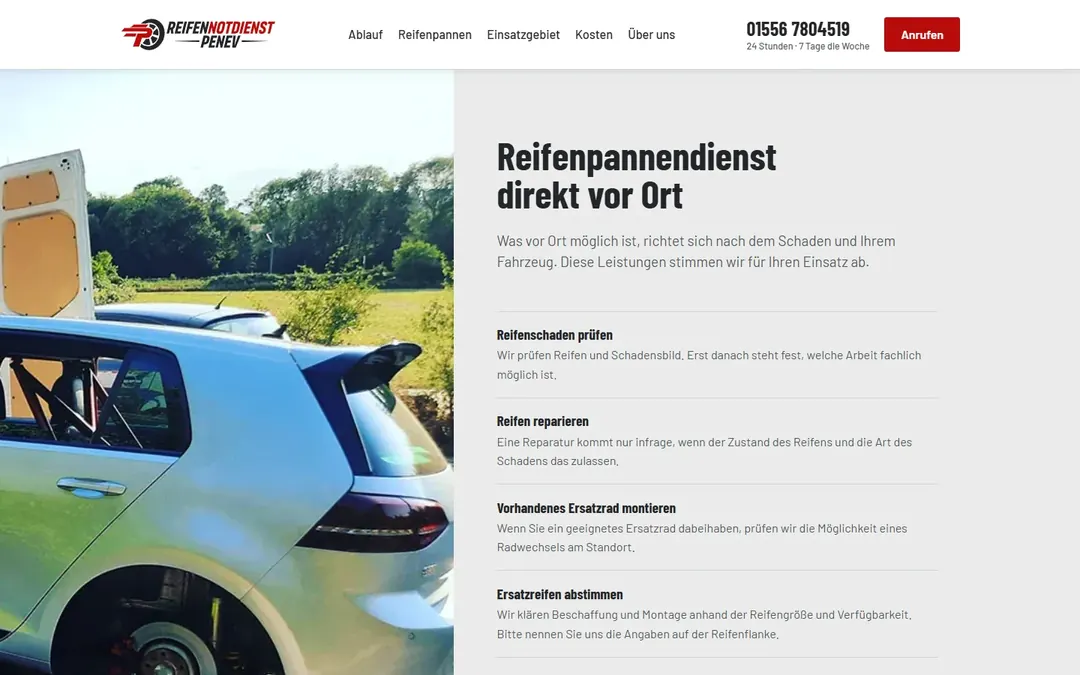 Reifennotdienst Penev: Reifenpannendienst vor Ort mit Foto eines Autos mit Reifenpanne