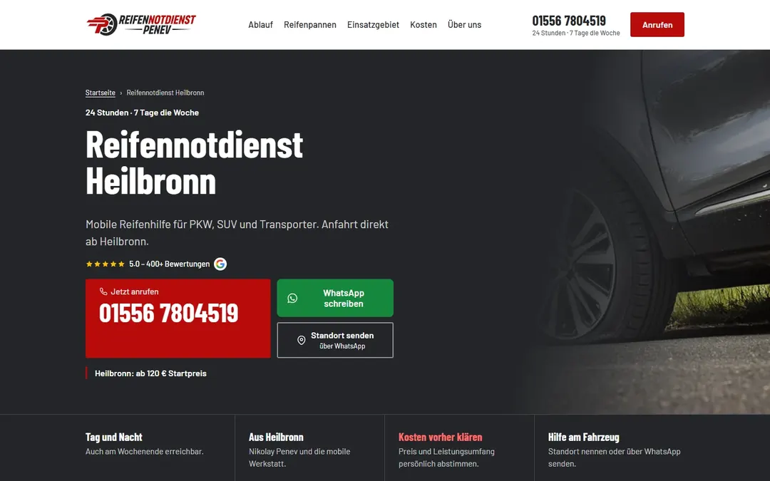 Reifennotdienst Penev: Landingpage für den Reifennotdienst in Heilbronn mit Notrufnummer