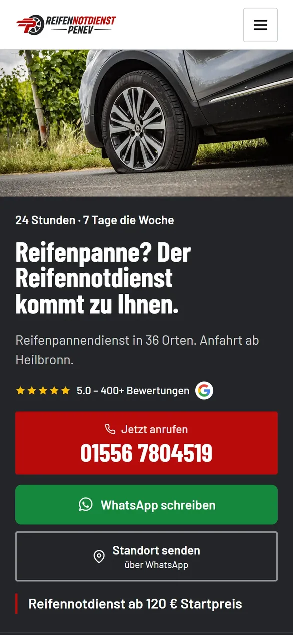 Startseite von Reifennotdienst Penev auf dem Handy