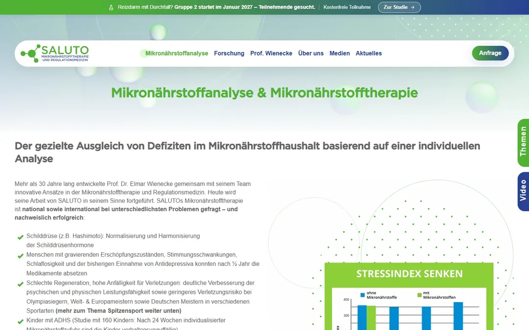 Saluto: Unterseite zur Mikronährstoffanalyse mit Diagramm zum Stressindex