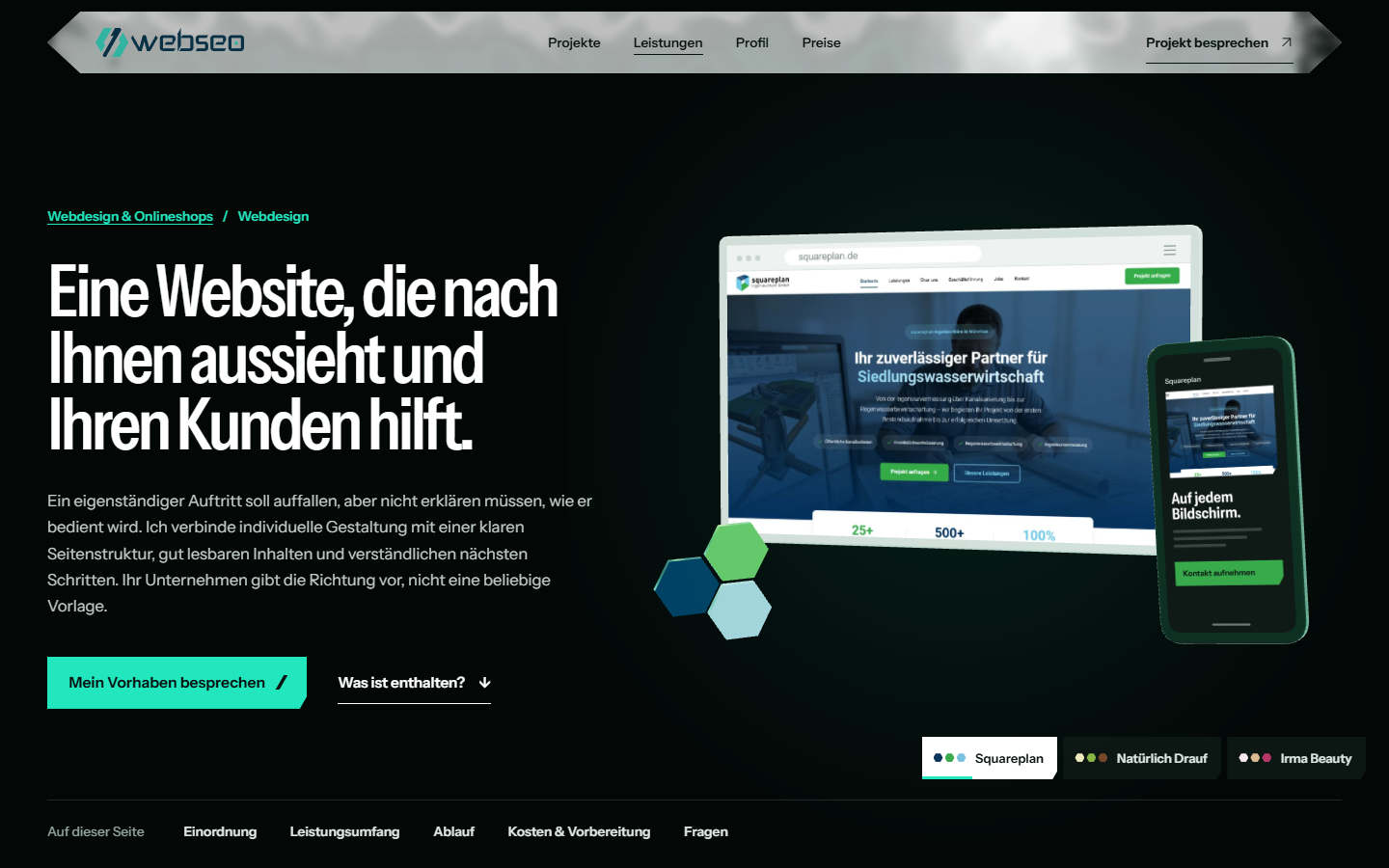 Webdesign-Leistungsseite von webseo.one: Angebot, Projekteinblick und Kontaktbutton auf einem Desktop-Bildschirm.
